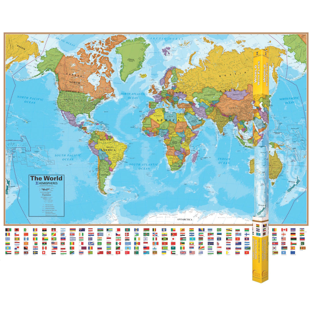 Round World 51'' W x 38'' H Dry Erase And Laminated World Map Round World