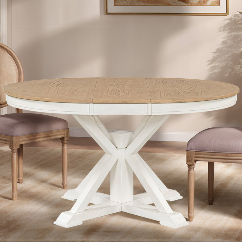 Table de salle à manger rétro extensible avec rallonge papillon - base en bois massif, convertible ovale / ronde pour 6 personnes