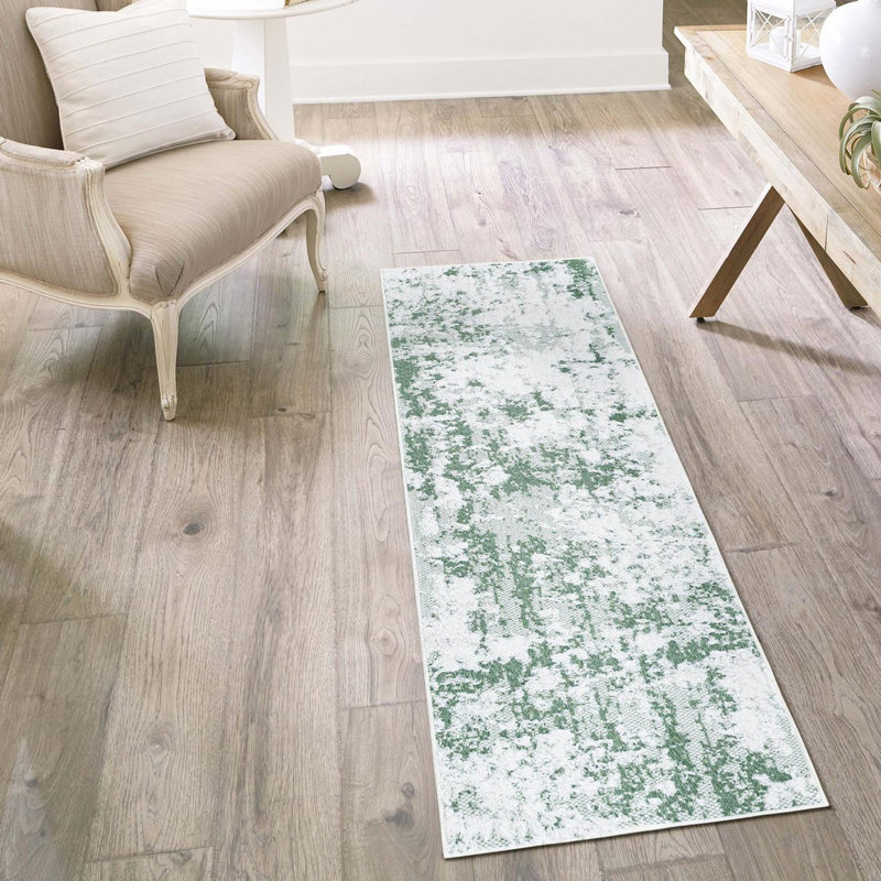 Tapis abstrait en coton tissé à la machine Heatherton en vert / blanc / gris, Tapis de couloir 2 pi 7 po x 10 pi
