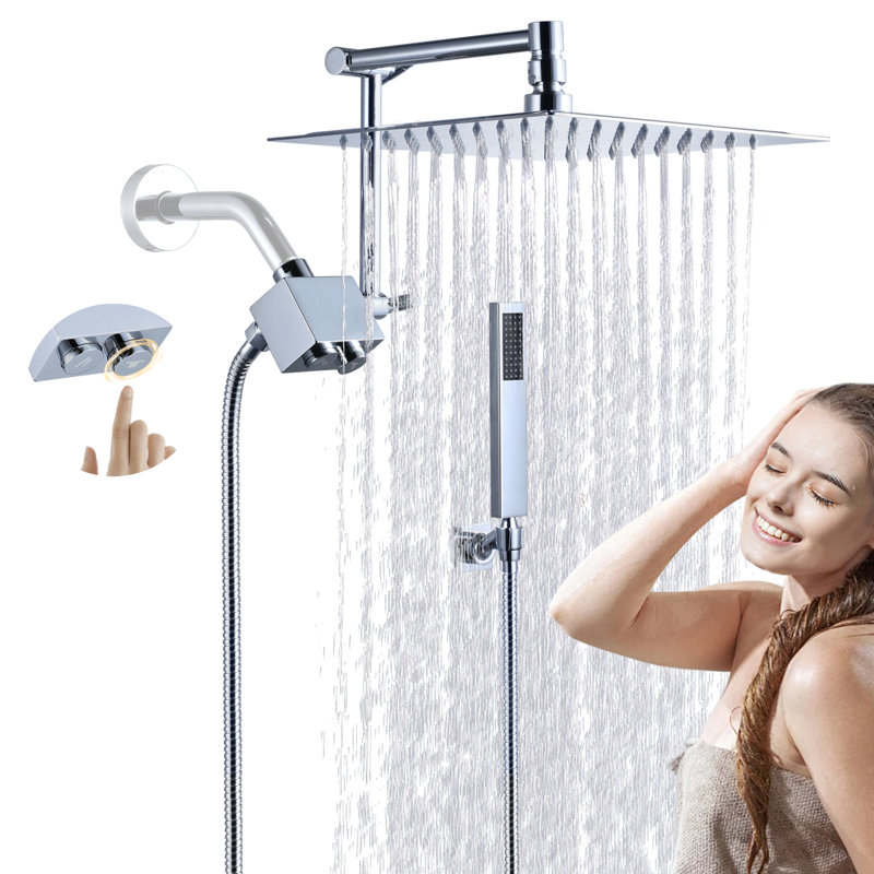 10 Inch All Metal Rainfall Shower Head With Handheld Combo, High Pressure Dual Rain Shower Head Spray, Push Button Switches, Adjustable Extension Arm, Polished Chrome