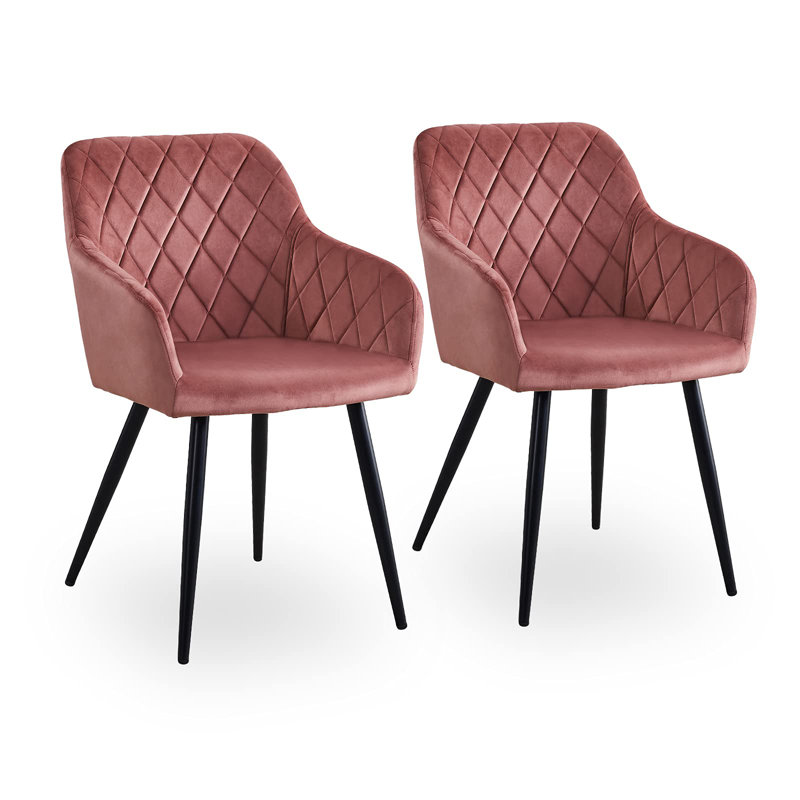 2 X Dining Chairs, Velvet Upholstered Seat Kitchen Chairs With Armrests, Black, Pink