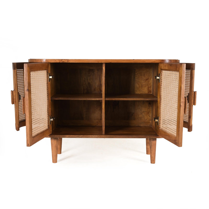 Solid Mango Wood Sideboard Buffet Cabinet With Cane Doors – Light Oak Finish Storage Cabinet, No Veneer Wooden Credenza Console Table, Fully Assembled With Legs To Attach, Mid Century Modern Furniture