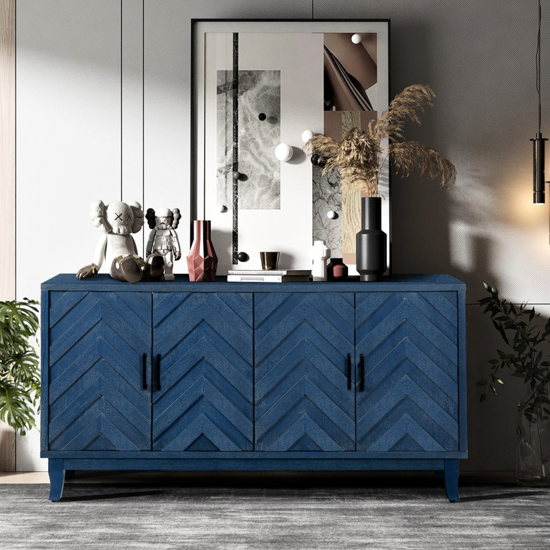 4 Door Wooden Cabinet With Adjustable Interior For Custom Storage Solid Wood + In Antique Navy Blue, Blue