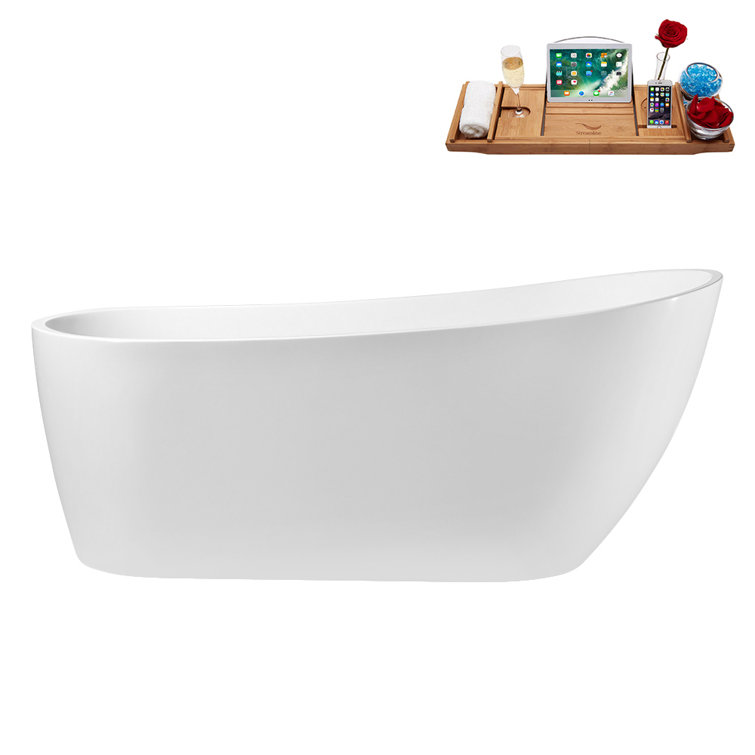 67" Streamline Soaking Glossy White Freestanding Tub and Tray With Internal Drain