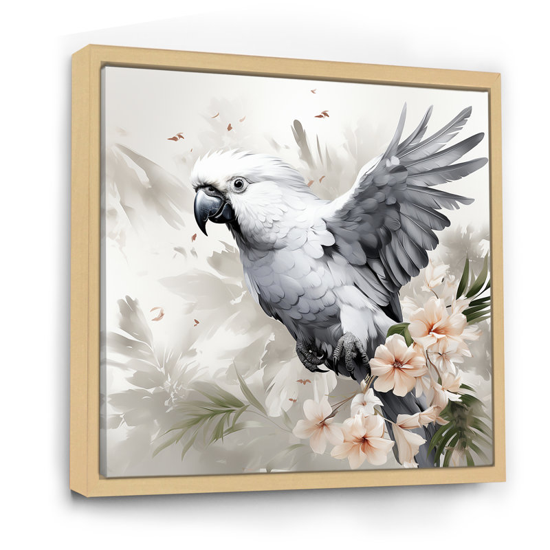 Gris perroquet en vol II - art mural perroquet, Cadre flottant brun, H 36 po x l 36 po