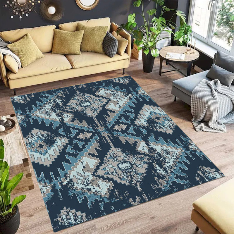 Tapis géométrique bleu marine et gris, Rectangle 2 pi x 3 pi