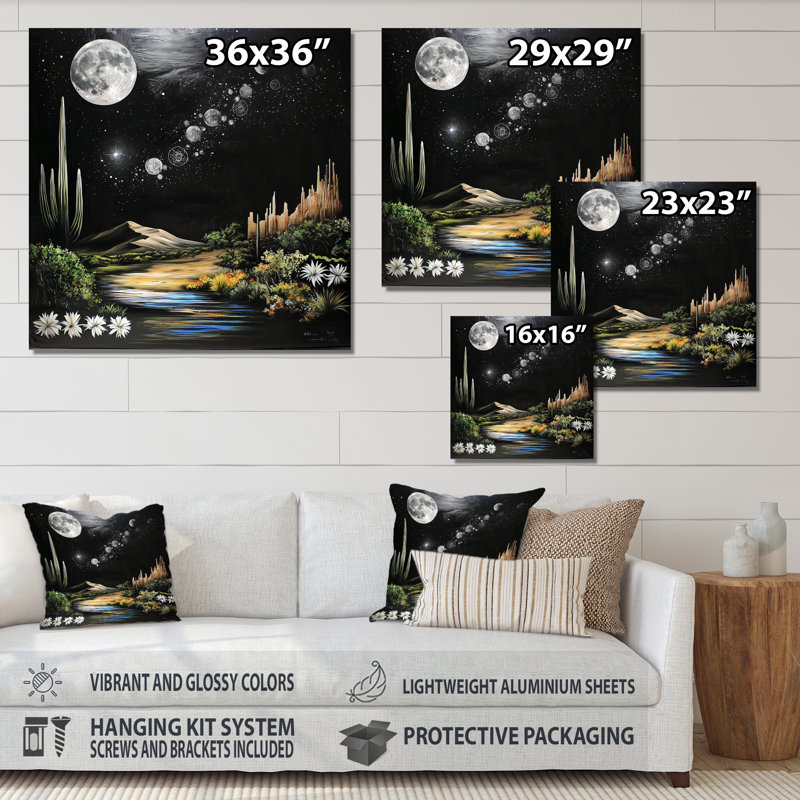 Glam Desert Moon avec cactus II - décor mural en métal, impression désertique, H 23 po x l 23 po