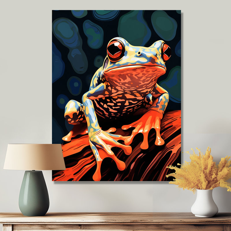«Frog on a Leaf Retro Illustration - Frong Animal», reproduction d'art murale, Toile tendue, H 32 po x l 16 po