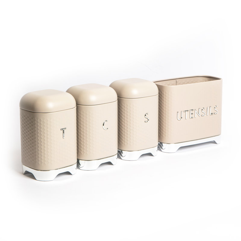KitchenCraft Lovello 4 Piece Kitchen Storage Set with Tea, Coffee & Sugar Storage Canisters and Utensil Caddy, Latte