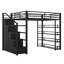 Lit mezzanine double en métal avec tablettes de rangement, armoires et garde-robe, lit mezzanine peu encombrant avec garde-corps et escalier