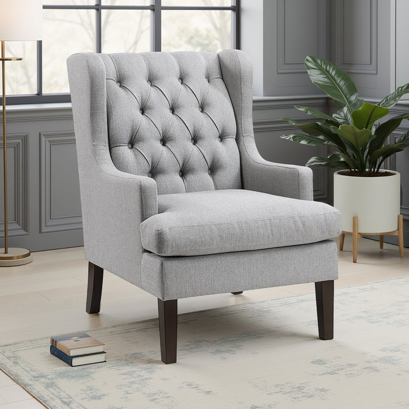 Keisha 29" Traditional Wingback Accent Chair with Textured Fabric Upholstery, Button-Tufted Back & Foam Cushioned Seat, Gray