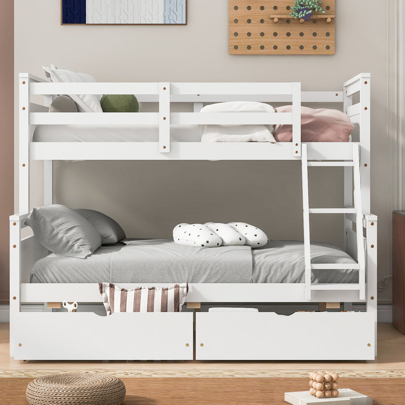 Lit superposé simple au-dessus d'un lit double avec 2 rangements et très grande sécurité, sommeil protégé, Blanc