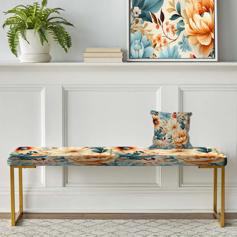 Upholstered Bench, Vintage Beige Minimalism Floral Blossoms