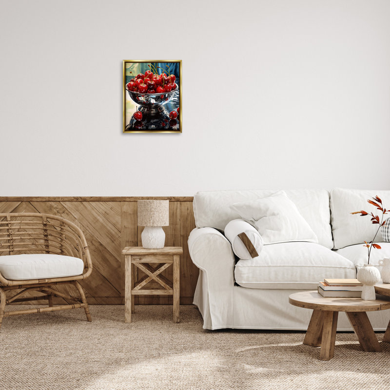 "Bowl Of Cherries Reflection" par RB sur toile, Cadre flottant métallique doré, H 21 po x l 17 po