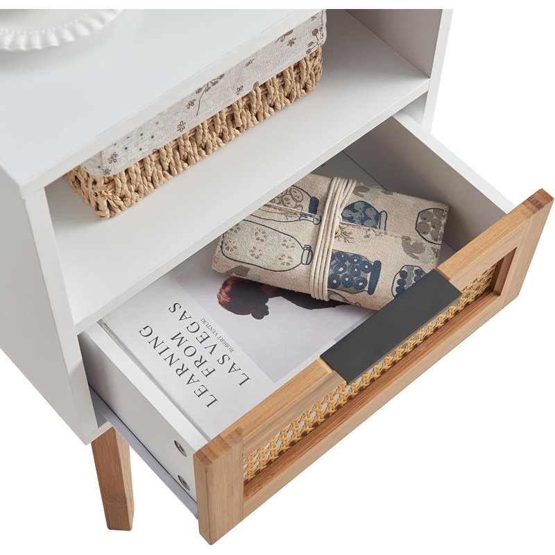Nightstand, Boho Side Table with Drawer Open Shelf