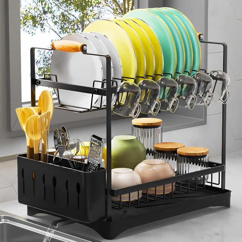 Séchoir à vaisselle à 2 niveaux pour comptoir de cuisine avec égouttoir et porte-couverts, noir