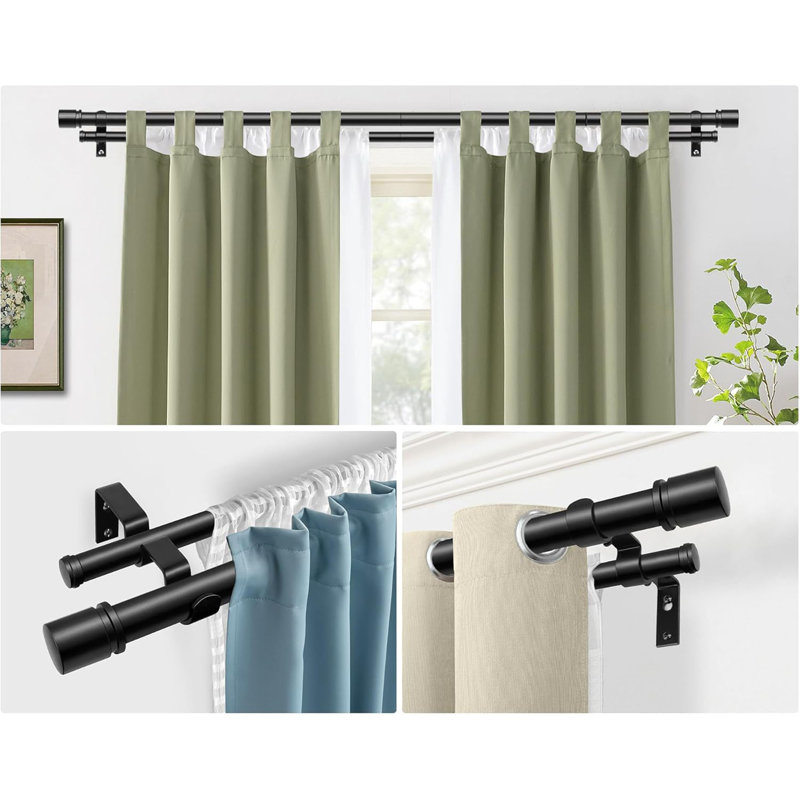 Double Curtain Pole 80-218 Cm, 25Mm Extendable Curtain Poles For Eyelet Curtains, Matte Black