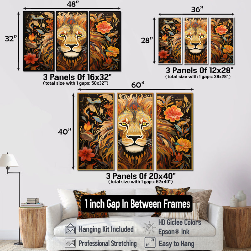 Sayer - ensemble d'art mural animal lion, H 40 po x l 60 po x P 1 po, Encadrement argenté