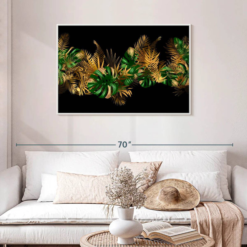 Feuilles dorées et vertes, Cadre flottant blanc, 43 po x 29 po
