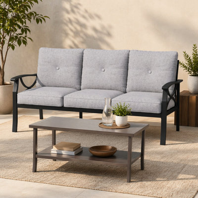 Ensemble de patio d'extérieur 2 pièces, canapé de patio 70 po 3 places en métal toutes saisons et table basse rectangulaire, structure noire avec coussins gris