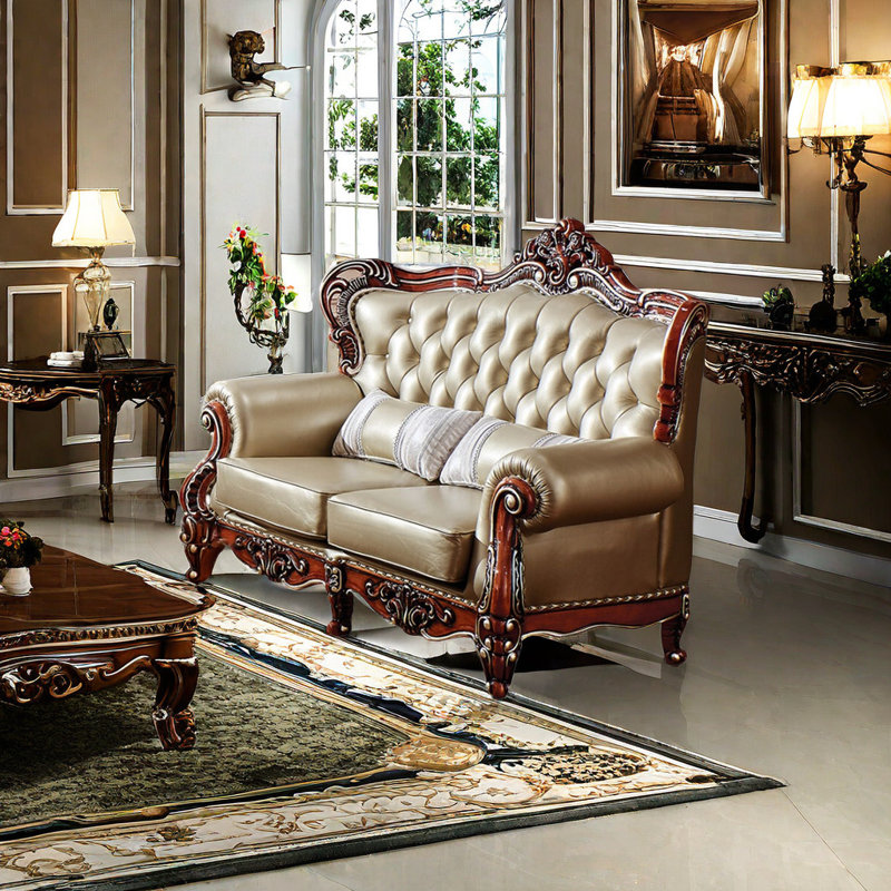 Causeuse à accoudoirs roulés en cuir véritable American Luxury