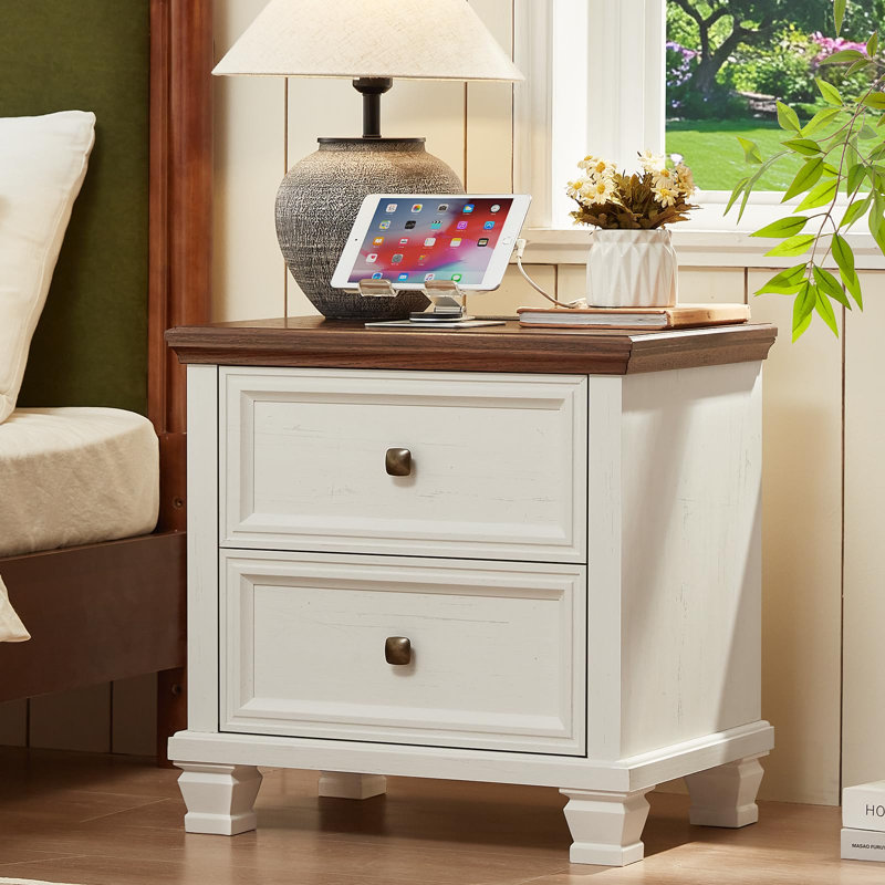 Farmhouse Nightstand with Charging Station, Rustic Low Night Stand with 2 Drawers, Mid-Century Modern End Table with 4 Square Solid Wood Legs, Small Dresser for Bedroom, Home (White)
