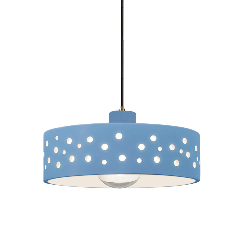 Luminaire suspendu 1 lumière perforé - Bleu ciel - Chrome poli - Ampoule remplaçable - Cordon noir, Bleu ciel, Chrome poli