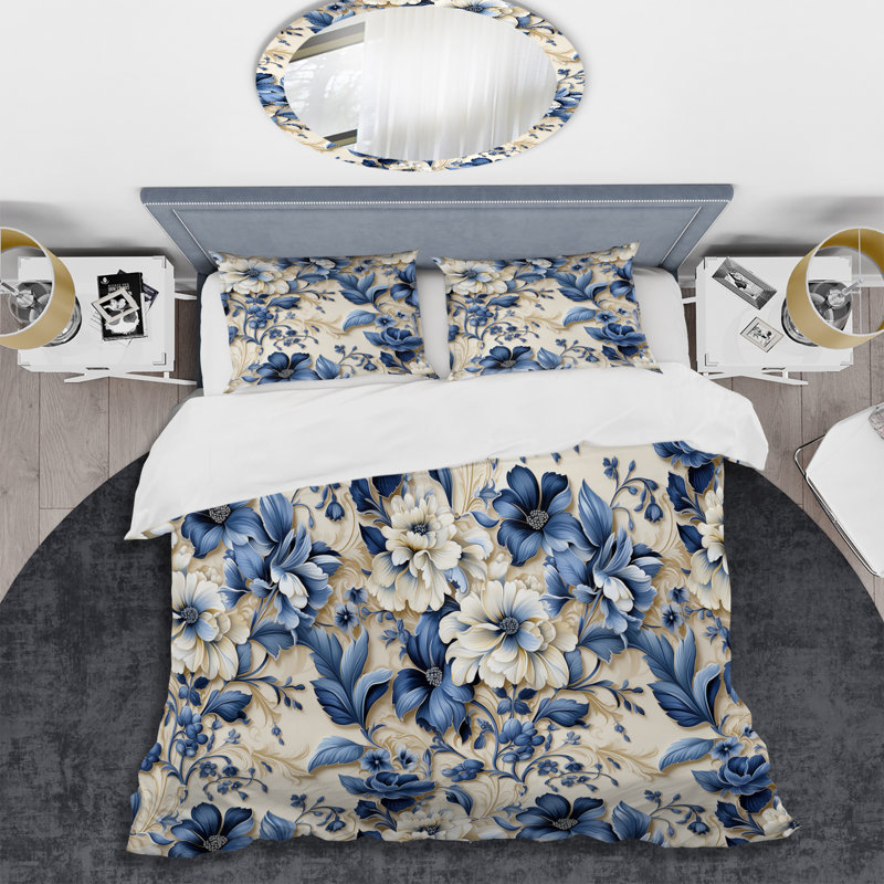 Victorian Blue And White Flowers Damask I - Ensemble de housse de couette en damas