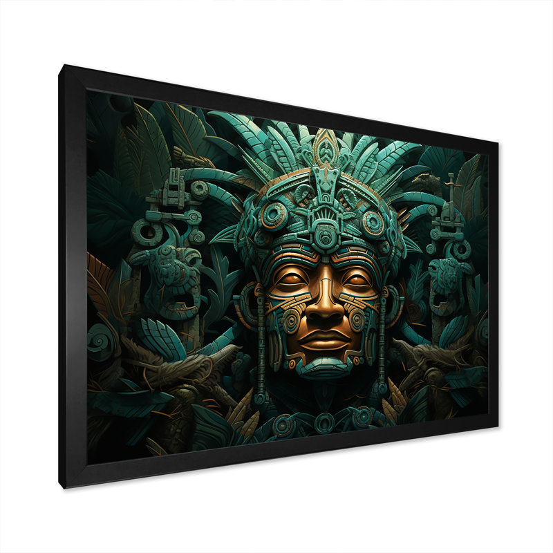 Maya Magic Aztec Mask I - Art mural mexicain, Cadre simple noir, H 30 po x l 40 po x P 1,5 po