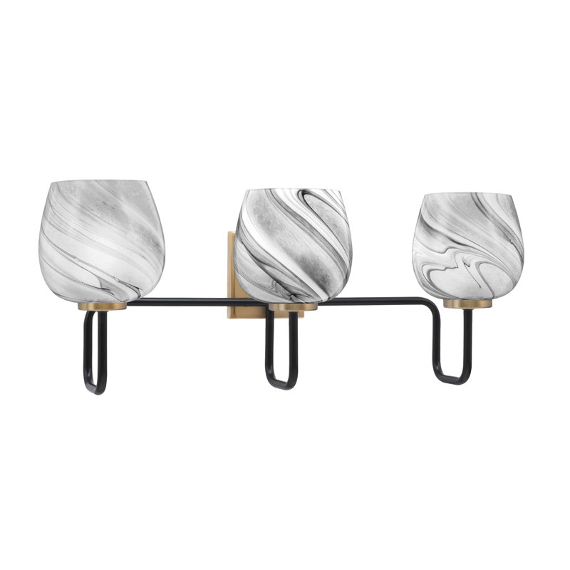 Barre d'éclairage de salle de bain 3 lumières Amarmula au fini noir mat et laiton vieilli, verre onyx 6 ", Noir/laiton