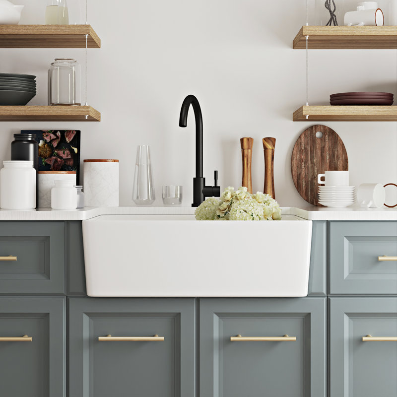 Perch 24" L x 16" W Farmhouse Kitchen Sink with Sink Grid and Basket Strainer