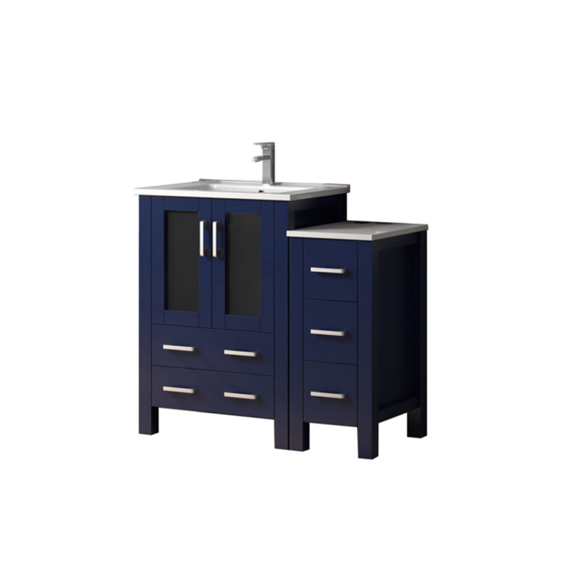 Bleu marine 36 po Large meuble-lavabo simple avec armoire latérale, robinet et teinture - Cinq tiroirs supérieurs, surface intérieure