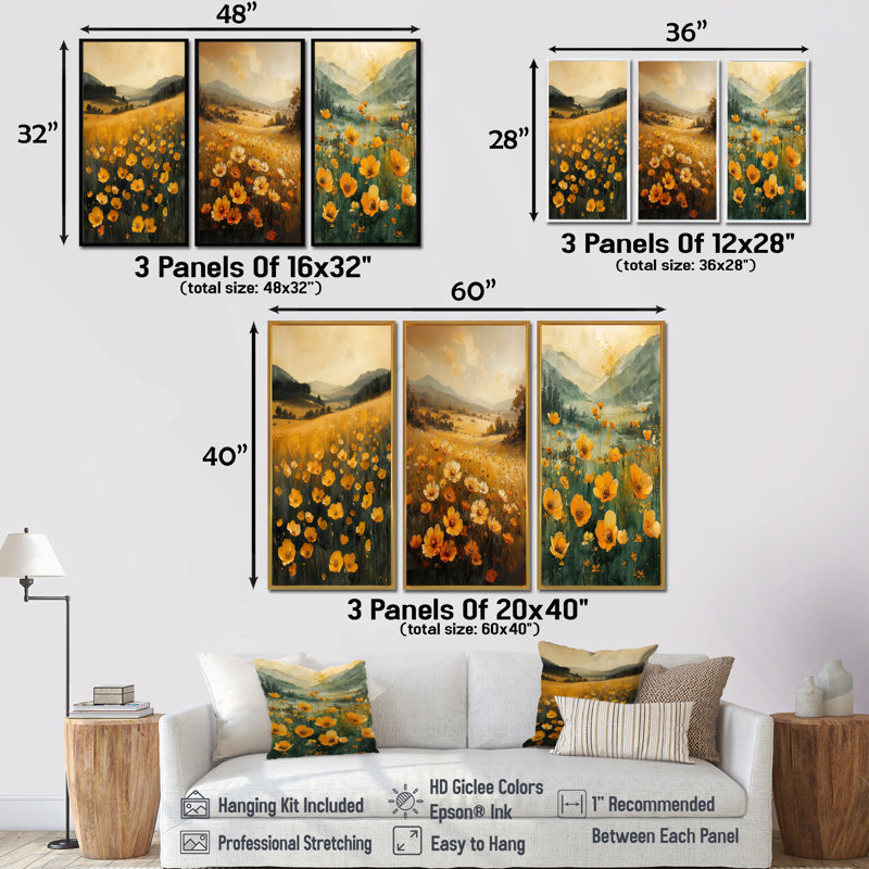 Jaune, vert, bouton d'or, ensoleillé, pré I - collection d'art mural 3 boutons d'or, H 28 po x l 36 po, Blanc