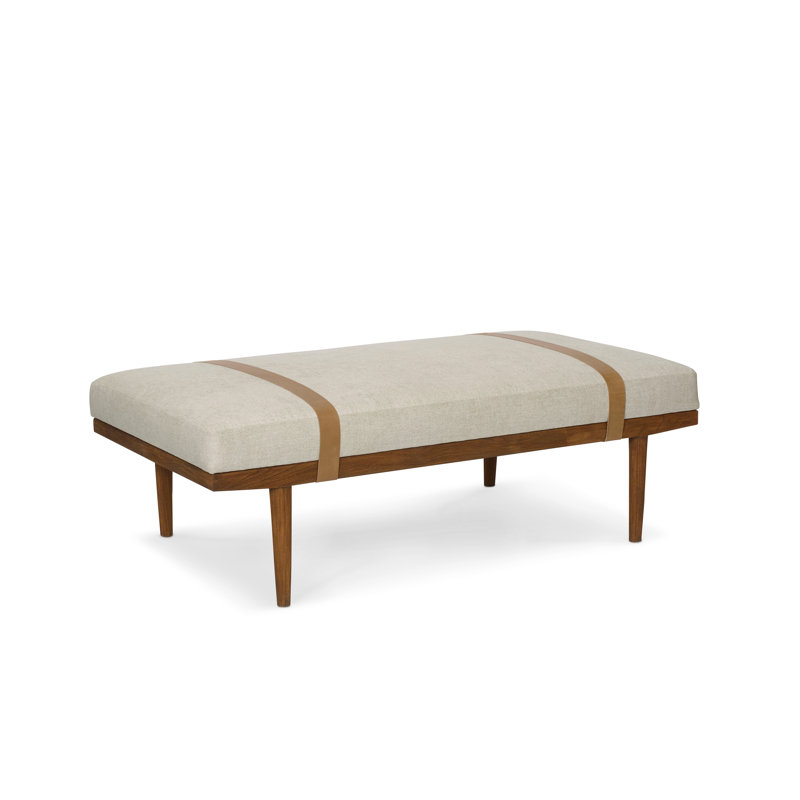 Beach Crypton Fabric and Teak Ottoman with Leather Straps