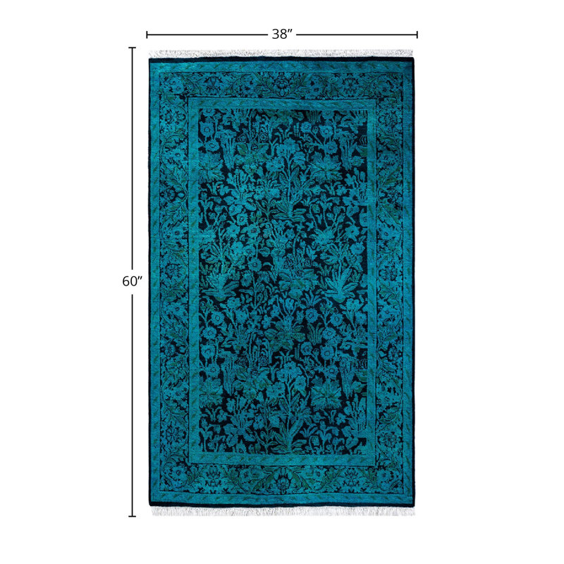 Tapis noir / bleu sarcelle / vert surteint de conception unique 3 pi 2 po x 5 pi Overdyed