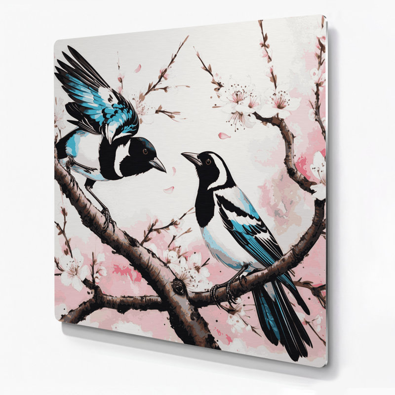Oiseaux, art mural oriental gris, pie, H 16 po x l 16 po