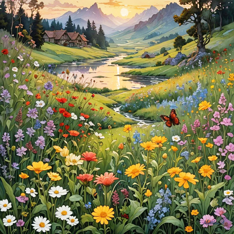 Mountain Bloomscape – Wildflower Meadow at Sunset Wrapped Canvas