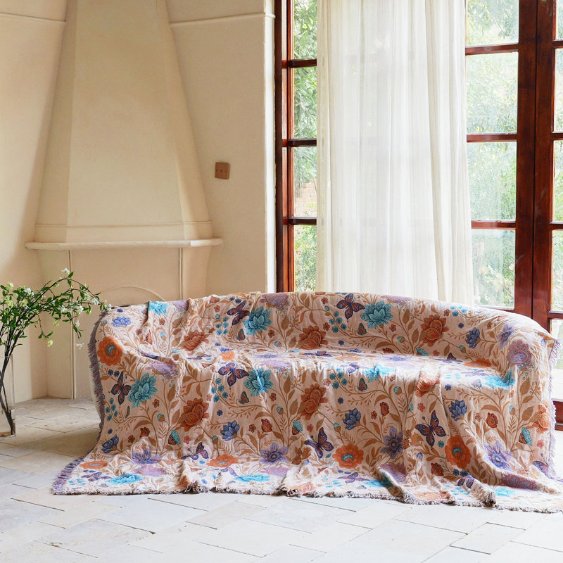 Jeté 100% coton Boho, Motif floral beige / bleu