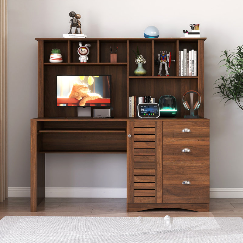 Bureau d'ordinateur à domicile avec huche - rangement spacieux et entretien facile, Noyer