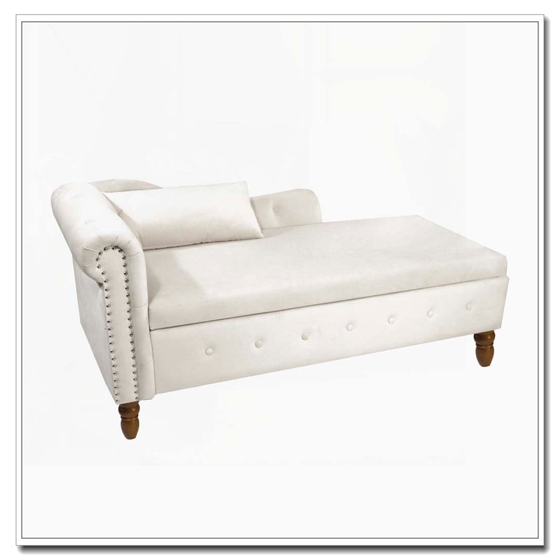 Chaise longue en velours avec rangement, coussin et garniture cloutée, Beige