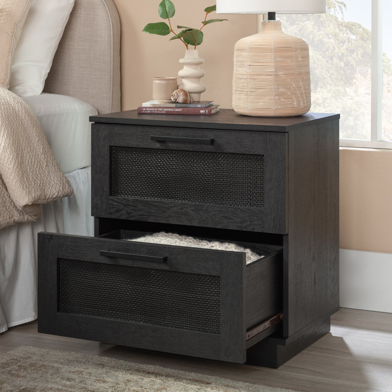 Raven Oak 2-Drawer Rattan Nightstand