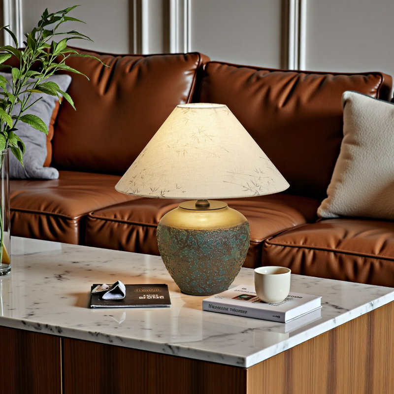 Vintage Brown Ceramic Table Lamp With Bamboo Pattern Linen Shade, Plug-In
