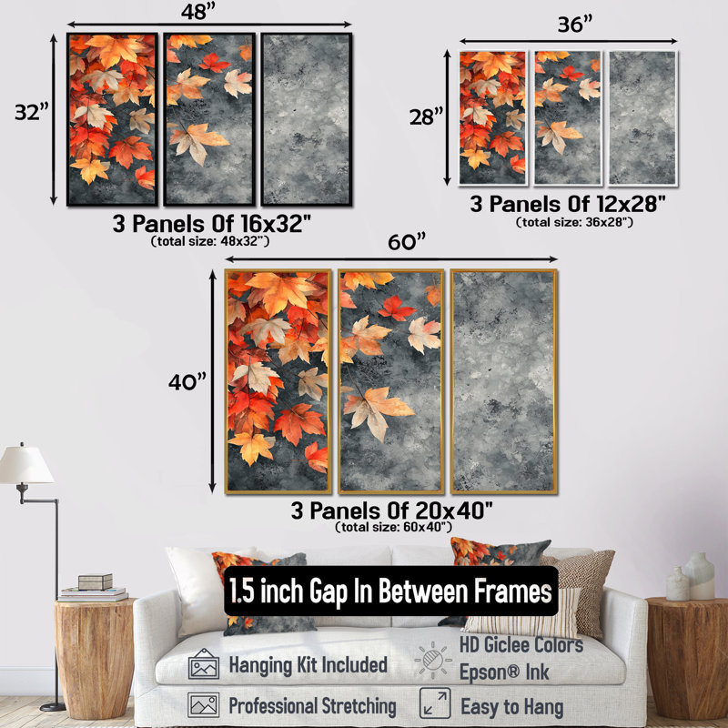 Feuilles d'automne orange V - feuilles, décoration murale - 3 pièces, H 28 po x l 36 po, Noir
