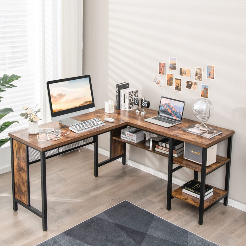 Emiljan Modular L-Shaped Steel Writing Desk, Rustic Brown