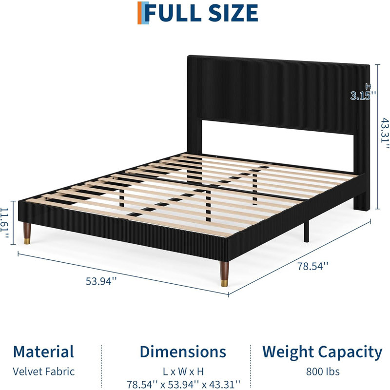 Structure de lit double avec tête de lit, lit plateforme tapissier en velours côtelé avec support en lattes de bois - aucun sommier nécessaire et silencieux, assemblage facile, pour appartement de chambre à coucher, noir