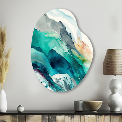«Celebrations In Turquoise Shades Of Blue II», art mural asymétrique abstrait à l'encre liquide en forme de poire
