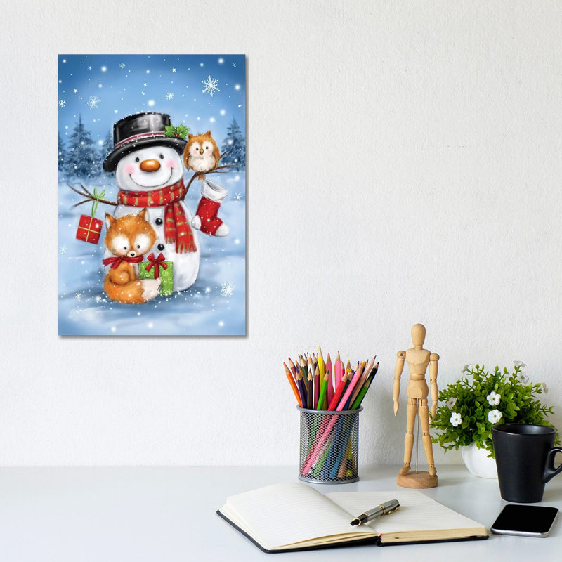 Snowman Owl And Fox by MAKIKO - Wrapped Canvas Print, 20.32 cm H x 30.48 cm W