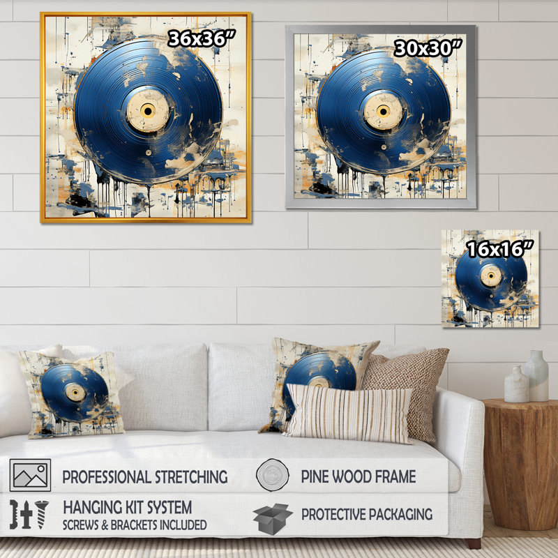 Disque vinyle blanc et bleu Melody, Cadre simple noir, H 36 po x l 36 po x P 1,5 po