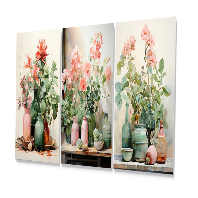 «Floral Artisanal Pottery Perfection I», ensemble de 3 reproductions d'art en métal Boho Pottery, H 32 po x l 48 po