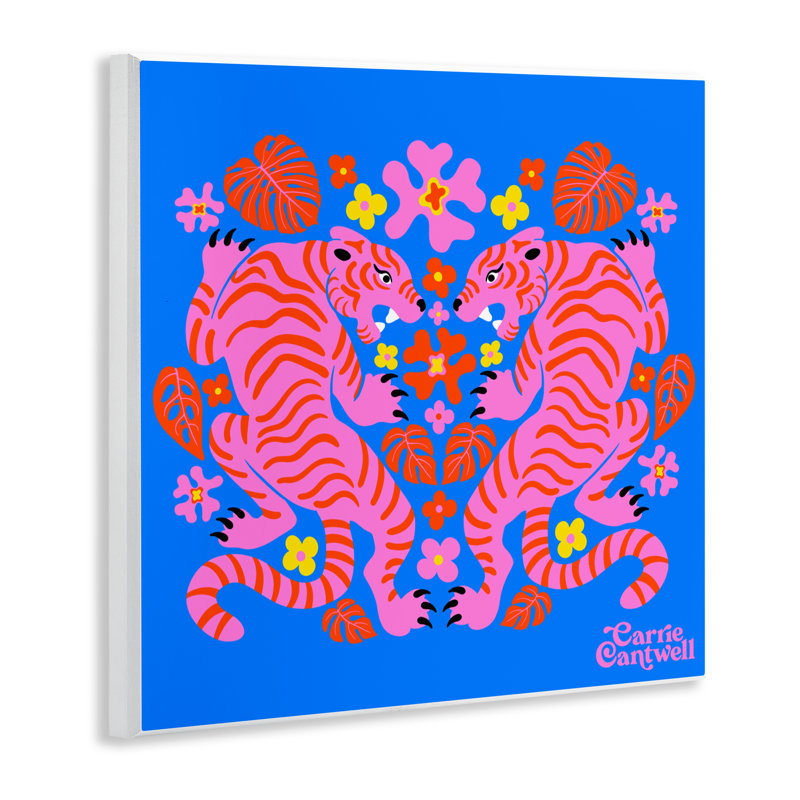 Plaque murale Tigers roses et Monstera, design par Carrie Cantwell